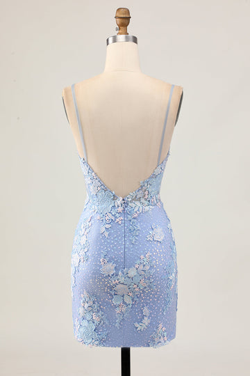 Ljusblå Bodycon Blommiga Paljetter Homecoming Klänning med Appliques